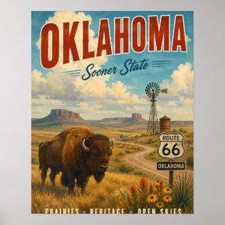 Vintage Oklahoma-Reiseposter mit Bison und Route Poster