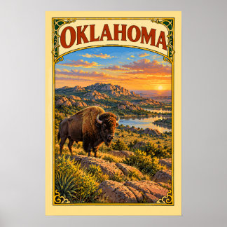 Vintage Oklahoma Wichita Mountains Bison Reise Poster