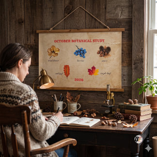 Vintage Oktober Botanische Studie Wandteppich Mit Holzrahmen