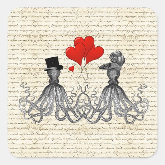 Vintage Oktopie und Herz Quadratischer Aufkleber (Vorderseite)