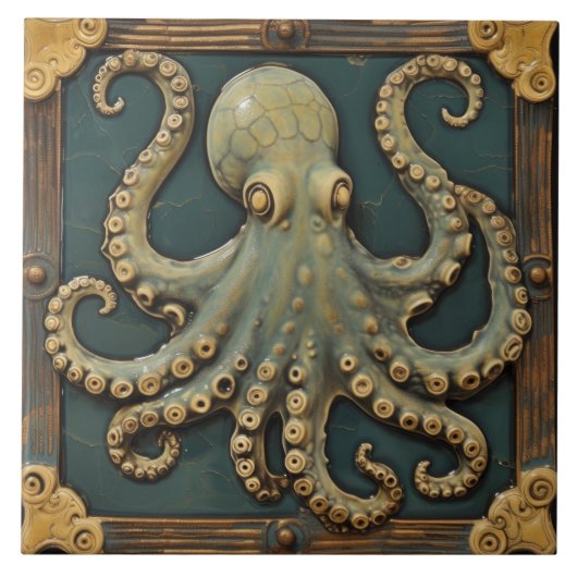 Vintage-Oktopus 3D-Effekt Nautilus Aquatisch Fliese (Vorderseite)