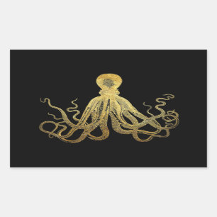 Vintage Oktopus Gold Schwarz Tinte Küstennautik Rechteckiger Aufkleber