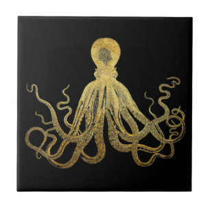 Vintage-Oktopus Gold-Schwarze Tinte Küsten-Nautik Fliese