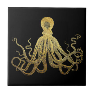 Vintage-Oktopus Gold-Schwarze Tinte Küsten-Nautik Fliese