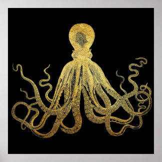 Vintage-Oktopus Gold-Schwarze Tinte Küsten-Nautik Poster
