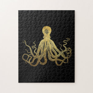 Vintage-Oktopus Gold-Schwarze Tinte Küsten-Nautik Puzzle