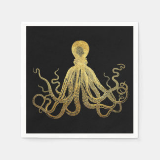 Vintage-Oktopus Gold-Schwarze Tinte Küsten-Nautik Serviette