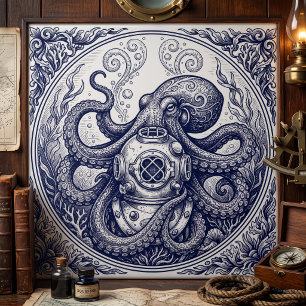 Vintage-Oktopus-Taucherhelm-Gravur-Kunst Fliese