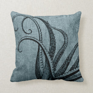 Vintage-Oktopus-Tentakel Schwarz Blau Grau Kissen