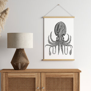Vintage-Oktopus-Zeichnung in Schwarz-Weiß Poster