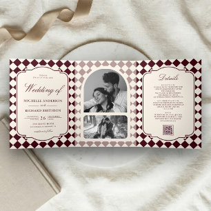 Vintage Old Money Elfenbein-Bordeaux-Schachbrett-H Dreifach Gefaltete Einladung