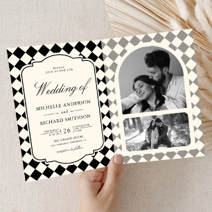 Vintage Old Money Elfenbein-Schachbrett-Hochzeit Einladung