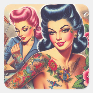 Vintage Old School Tattoo Frauen Quadratischer Aufkleber