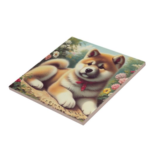 Vintage Ölgemälde Akita Fliese (Seite)