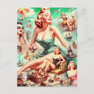 Vintage-Ölgemälde-Collage Pin Up Postkarte