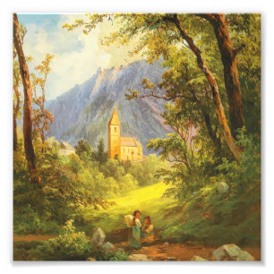 Vintage-Ölgemälde einer europäischen Bergkirche Fotodruck