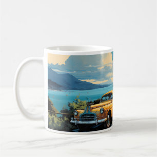 Vintage-Ölgemälde eines gelben Oldtimers Kaffeetasse