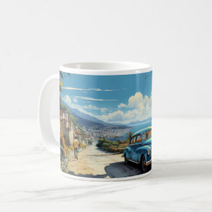 Vintage-Ölgemälde von Strand, Auto und Stadt Kaffeetasse