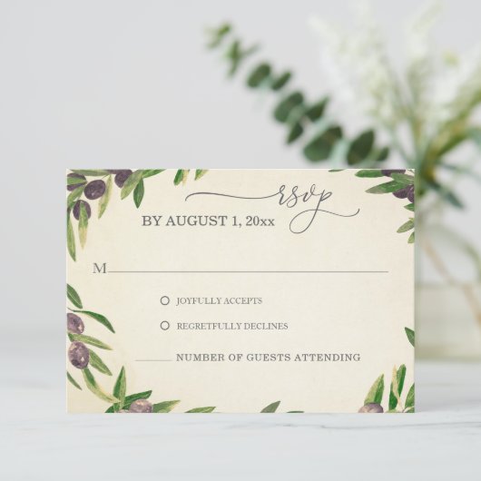 Vintage Olive Branch Griechische Hochzeit RSVP (Stehend Vorderseite)