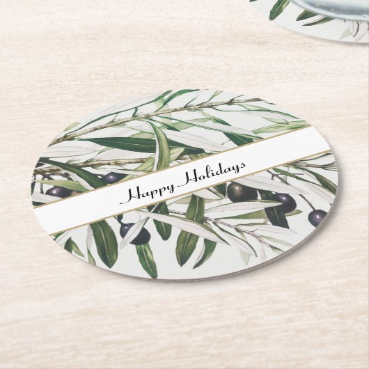 Vintage Olive Branch Happy Holidays Runder Pappuntersetzer (Angewinkelt)