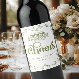 Vintage Olive Green Antique Frame Cheers Weinetikett