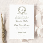 Vintage Olive Oak Wreath Monogram Wedding Einladung