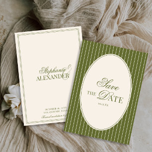 Vintage Oliven Grün Streifen Old Money Hochzeit Save The Date