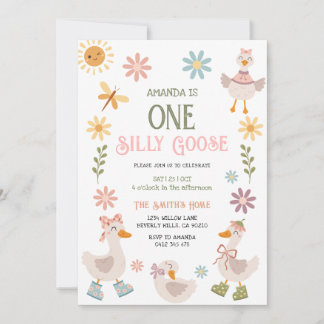 Vintage One Silly Goose Daisy Floral 1st Birthday  Einladung