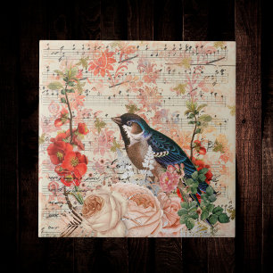 Vintage Orange Blaue Blumenvogel Musikalische Ephe Fliese