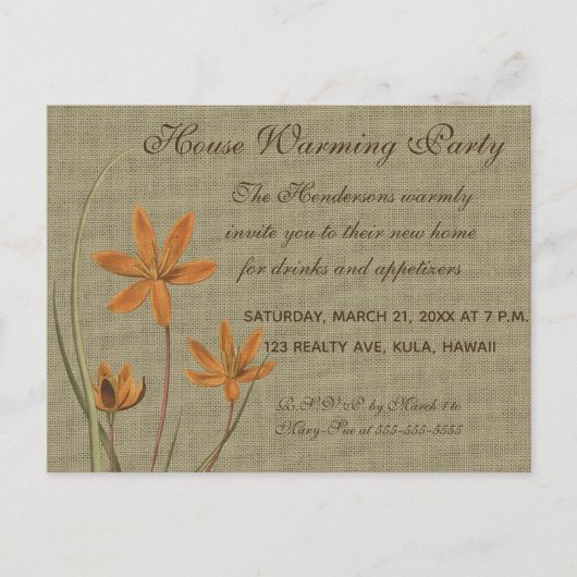 Vintage Orange-Blume zur Einladung von Burlap (Vorderseite)