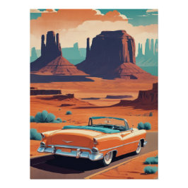 Vintage Orange Convertible Desert Road Trip Art Poster