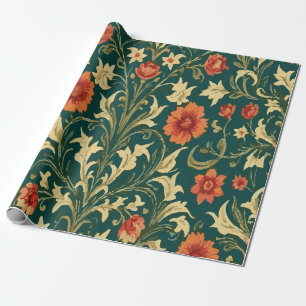 Vintage Orange- und Gelb-Blumenmuster auf Grün Geschenkpapier