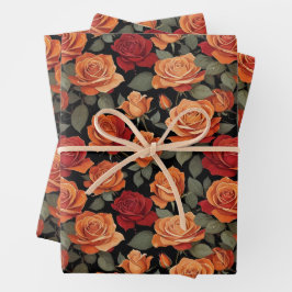 Vintage Orange- und rote Rosen-Blumenverpackungspa Geschenkpapier Set