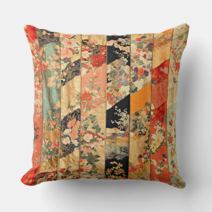 Vintage Orange und schwarzes Blumen-Kimono-Patchwo Kissen