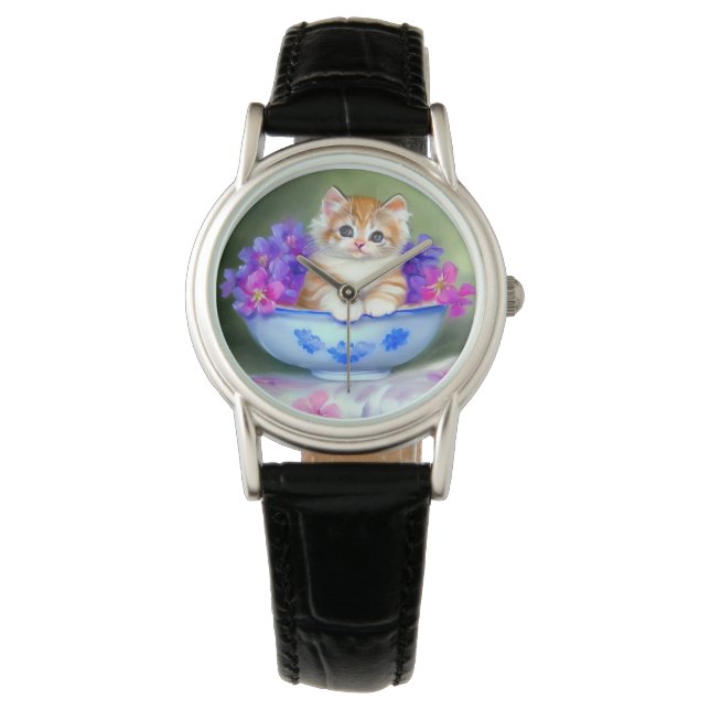 Vintage Orange- und White Kitten-Illustration Armbanduhr (Vorderseite)