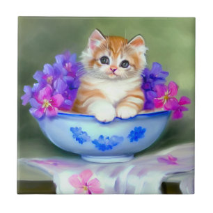 Vintage Orange- und White Kitten-Illustration Fliese