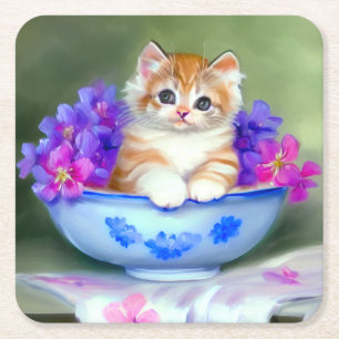 Vintage Orange- und White Kitten-Illustration Rechteckiger Pappuntersetzer