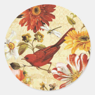 Vintage orange weiß floral rot Vogel Libelle Runder Aufkleber