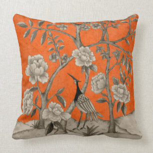 Vintage-Orangen-Chinoiserie-Vogel und Pfingstrosen Kissen