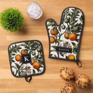 Vintage Orangen und Blüten Monogramm Name Ofenhandschuh & Topflappen-Set