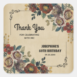 Vintage Ornament Floral Birthday Thank You Quadratischer Aufkleber