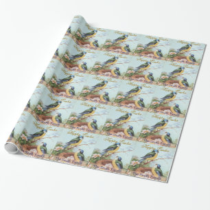 Vintage-Oster-Blau-Vogel-Name-Zollpapier Geschenkpapier