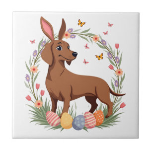 Vintage-Oster-Dachshund-Hase-Hund mit floralem Ei Fliese