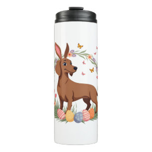 Vintage-Oster-Dachshund-Hase-Hund mit floralem Ei Thermosbecher