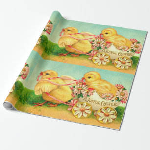 Vintage-Oster-Ei-Küken-Kutsche Blumen Blumen Geschenkpapier