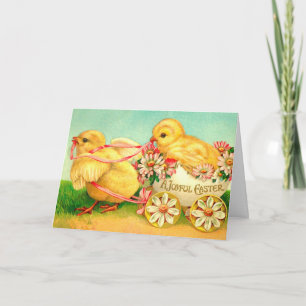 Vintage-Oster-Ei-Küken-Kutsche Blumen Blüten Feiertagskarte