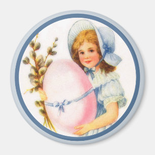 Vintage-Oster-Mädchen mit Haube und Ei Magnet