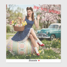 Vintage-Oster-Pin-Up-Aufkleber | Hopp ins Frühling Aufkleber