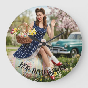 Vintage-Oster-Pin-Up-Uhr   Retro-Mädchen-Kunst Große Wanduhr