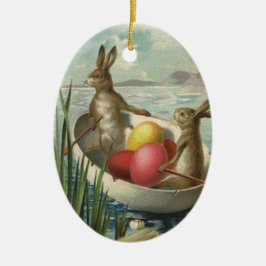 Vintage Osterbrunnen in einem Boot mit Ostereiern Keramik Ornament